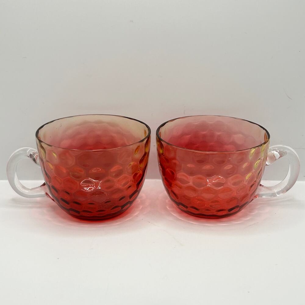 Antique Hobbs Amberina Glass Punch Cup Applied Clear Handle Inverted Thumbprint